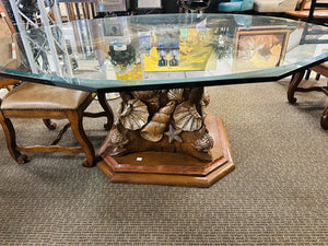 Carved Sea Life Base Glass Top Dining Table 72" W.