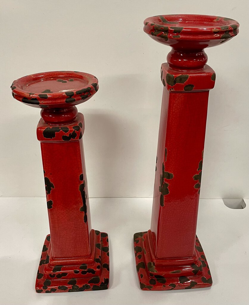 Distressed Red Crackle Glaze Candle Holders (PAIR)