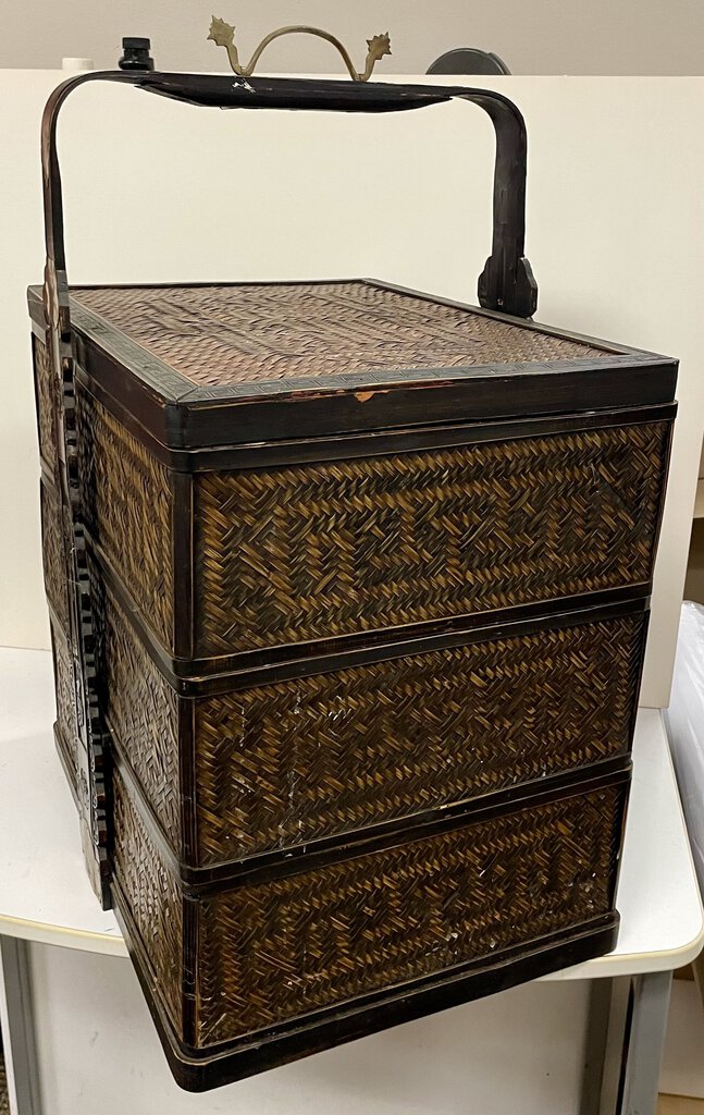 Antique Chinese 3 Tier Rosewood Rattan Stacking Wedding Box