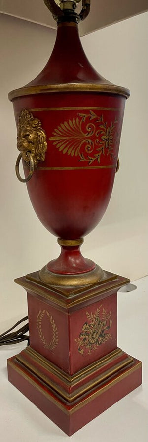 Neoclassical Urn-Style Red Tole Lamp w/ Lion Heads