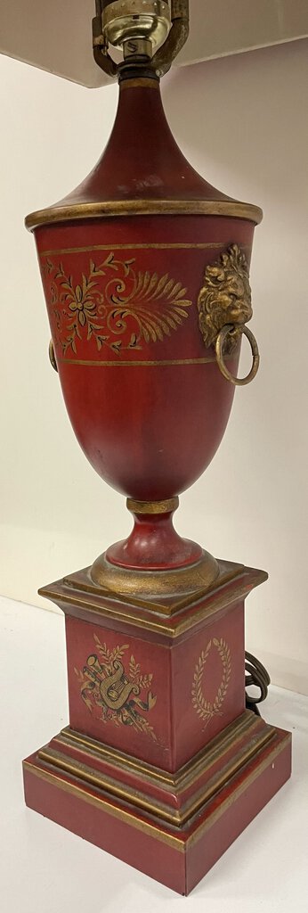 Neoclassical Urn-Style Red Tole Lamp w/ Lion Heads
