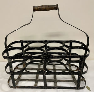 French Metal Eight Wine Bottle Carrier w/ Wood Handle