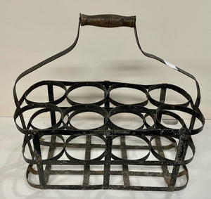 French Metal Eight Wine Bottle Carrier w/ Wood Handle