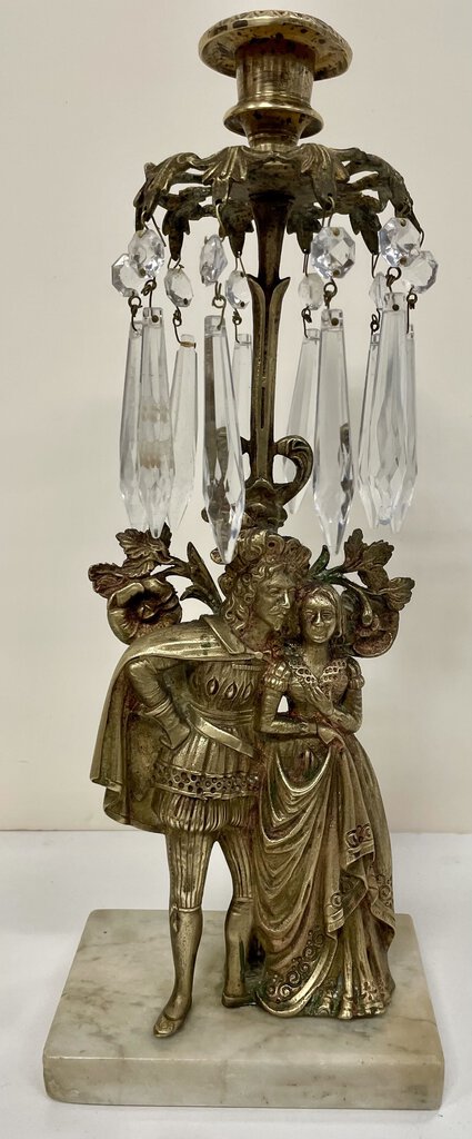 Antique French Couple Brass Girandole Candelabra w/ Crystals
