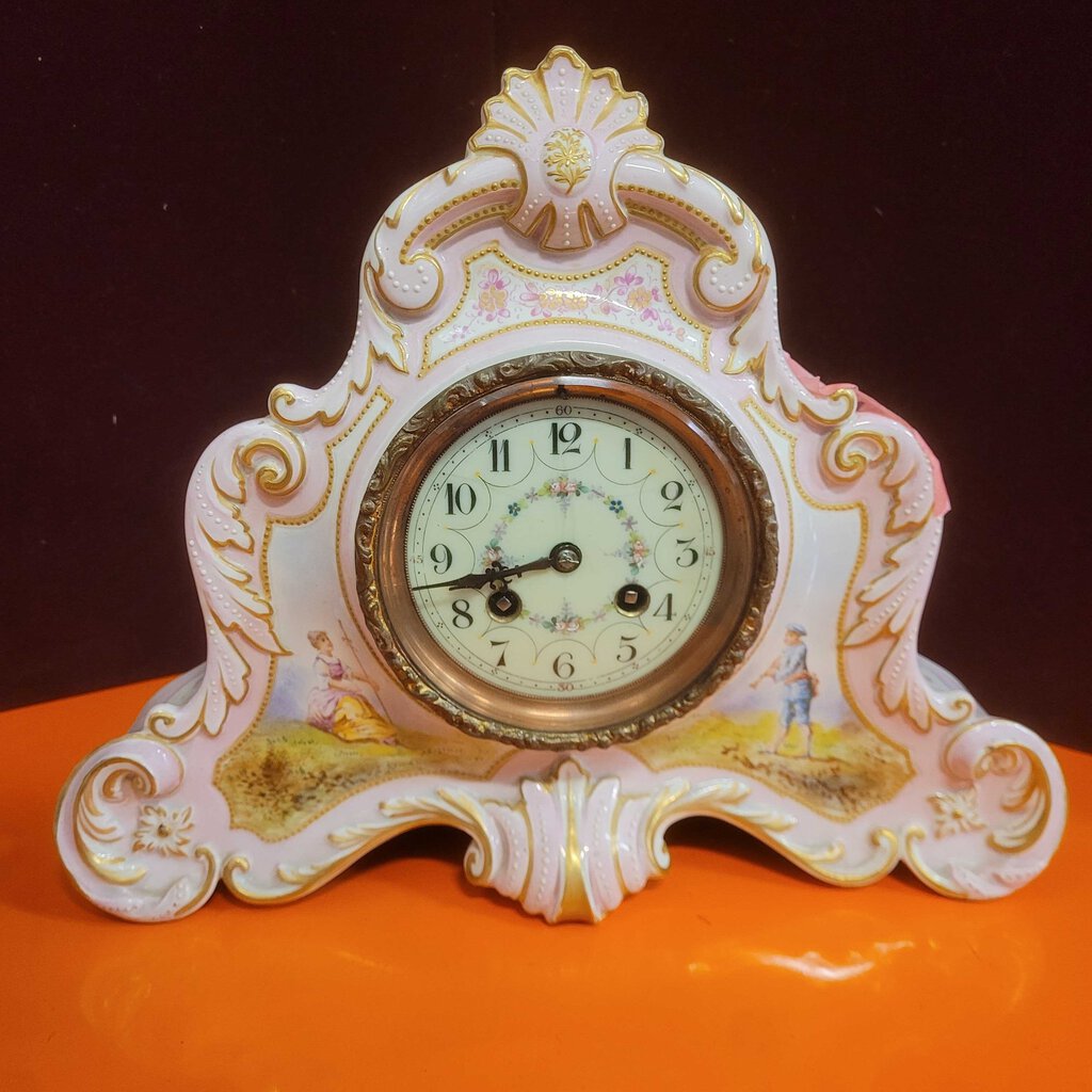 French Porcelain Pink Mantel Clock 19th Cent