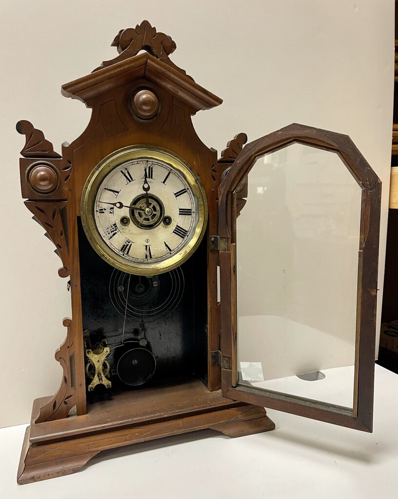 Late 19th C. E. Ingraham Co. Walnut Carved Mantel Clock